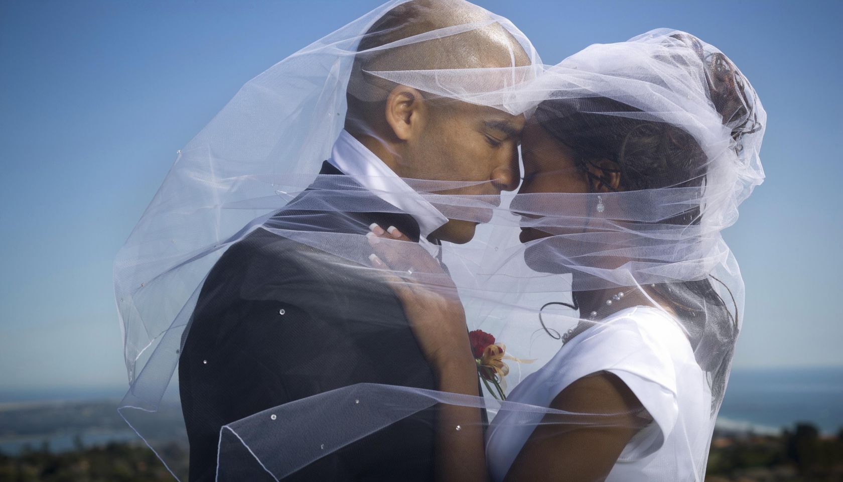 Profile of a newlywed young couple under a veil